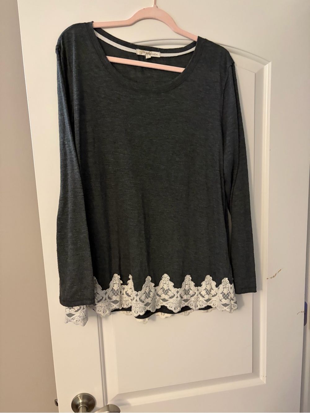 Rewind Dark Gray Long Sleeve Top with White Lace Trim
